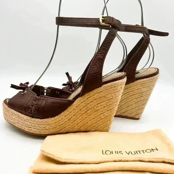 Louis Vuitton Manyara Women’s Size 36 Brown Leather Wedge Espadrille Sandals - Picture 13 of 15